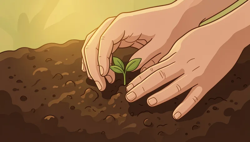 Hands planting a seed in soil — brāhmaṇical qualities are cultivated, not inherited