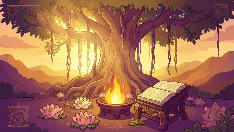 Indian sage teaching the Bhagavad-gita to modern professionals under a banyan tree