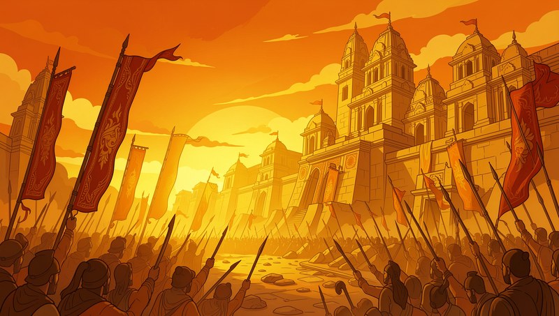 Epic battlefield scene from the Ramayana 2026 film — cinematic scale and golden light