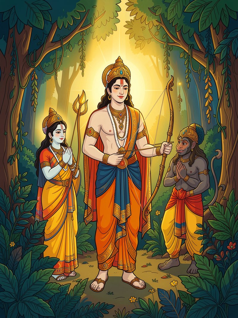 Lord Ram in divine light with Sita and Hanuman — mythological illustration