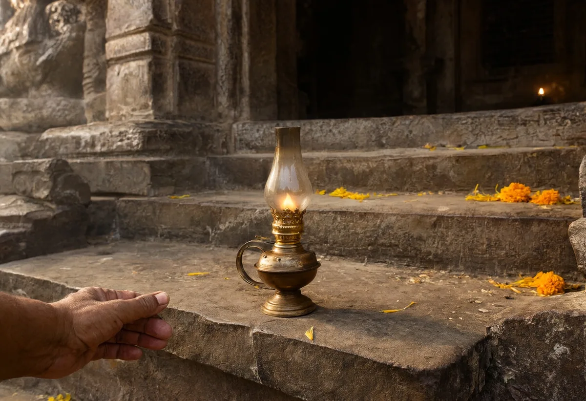 A lit brass lamp set on the worn stone threshold of an old temple at dawn, marigold petals on the steps